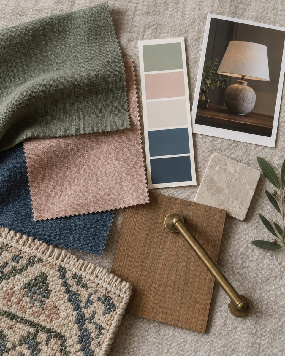 A styling board laid flat: sage, pink and blue fabric swatches, a strip of paint colours, an oak sample, a stone tile, a brass handle and a photograph of a lamp.