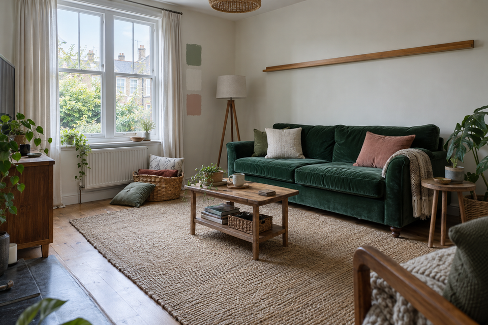 A living room in morning light: a green velvet sofa, a small jute rug and three paint samples on the wall by the window.