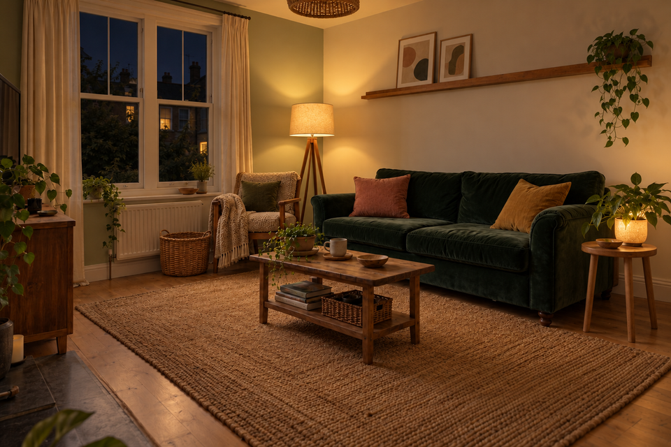 The finished room in the evening, lit by the floor lamp and a table lamp.