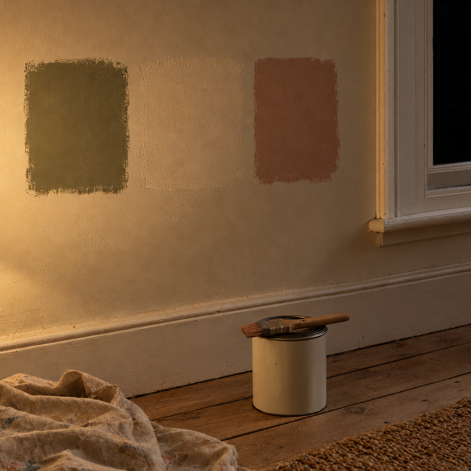 The same three samples by lamp light: the white turns cream and the pink leans towards terracotta.