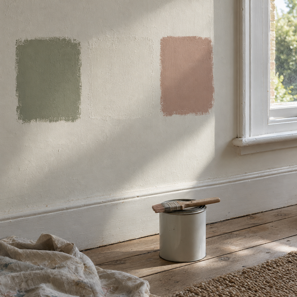 Three paint samples, sage, warm white and clay pink, on a wall beside a window in morning light.