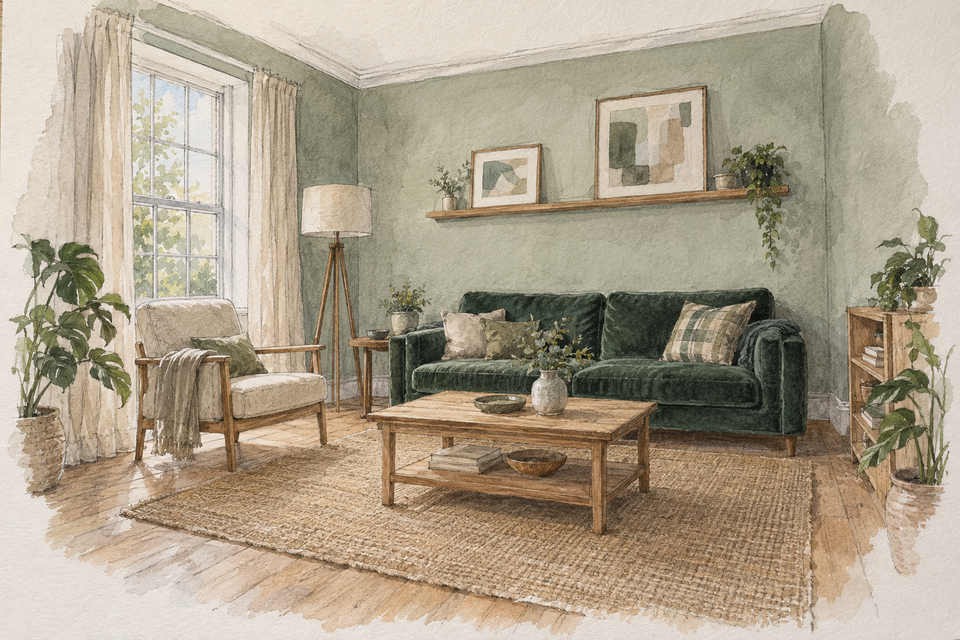 A pencil and watercolour sketch of the finished living room: the green sofa against a sage wall under a ledge of prints, a jute rug under the coffee table, and a reading corner of armchair and floor lamp by the window.